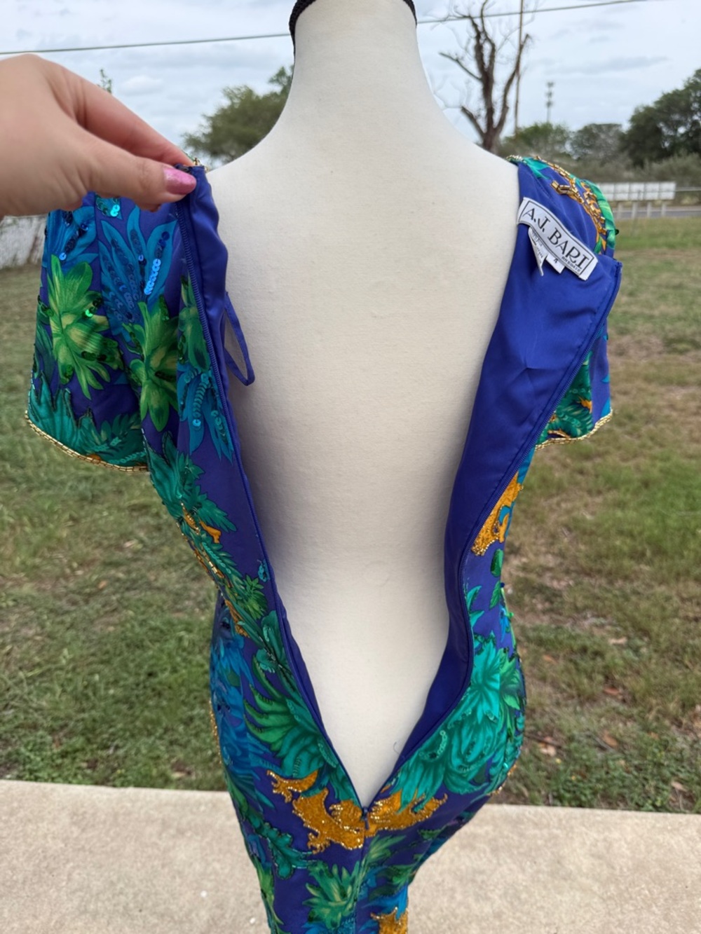 100% silk Tropical A.J. Bari Blue &Green Floral Party Dress with Gold Embroidery - Picture 15 of 17